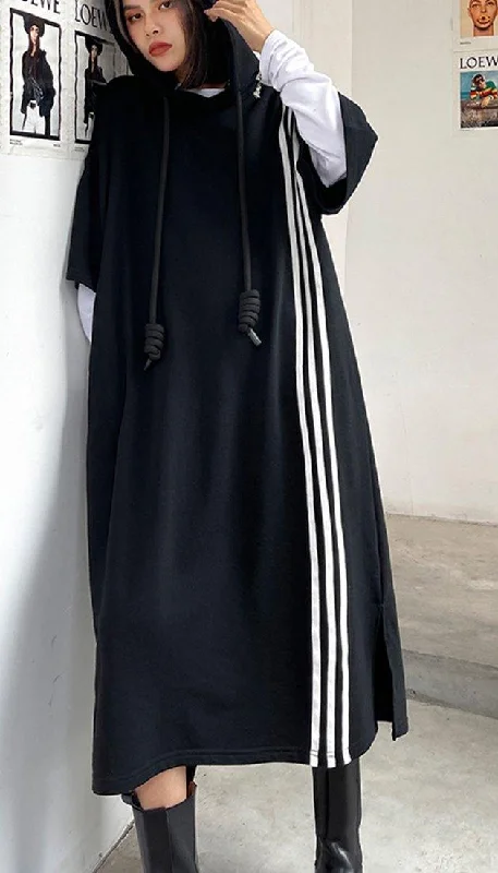 Comfortable And Simple Boutique Black hooded Cotton side open Summer Dresses