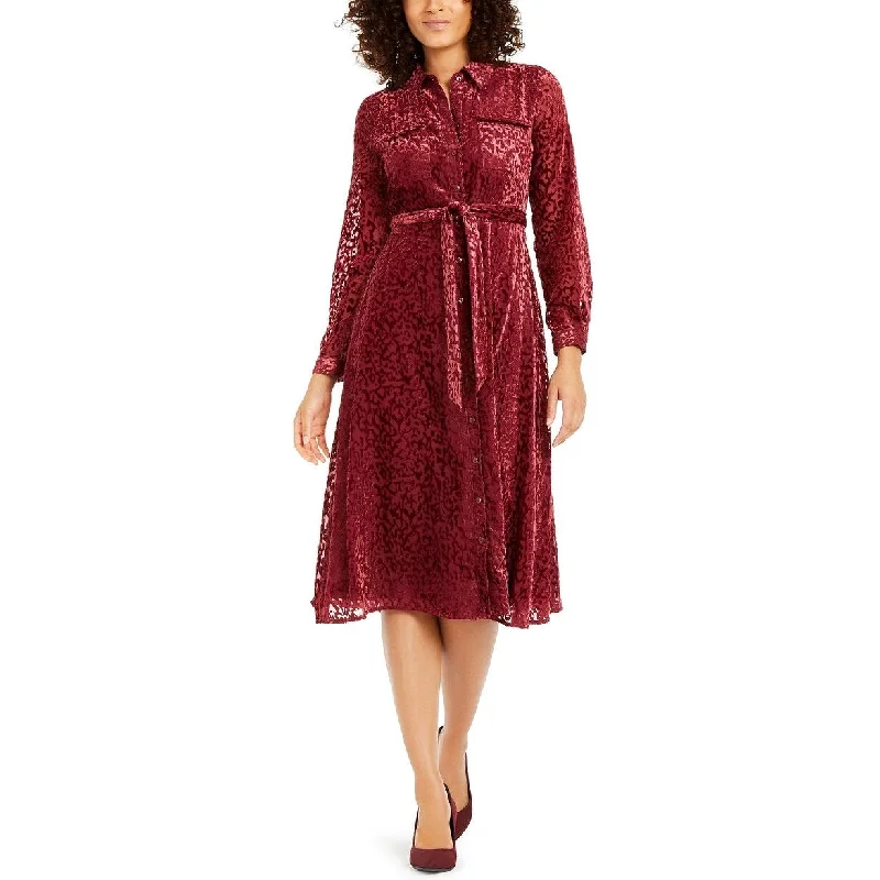 Classic Series Alfani Women's Velvet Burnout Belted Shirtdress Wine Size 4