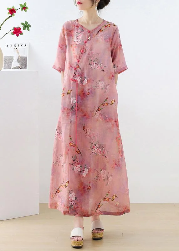 Integrated Design Beautiful Pink Print Oriental asymmetrical Design Summer Ramie Long Dresses