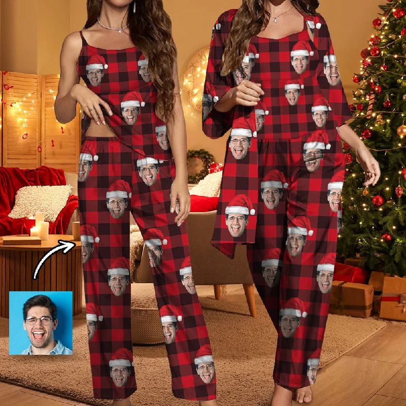 Effortless Style Custom Face Buffalo Check Satin Women's Three-Piece Pocket Cami Pajama Robe Set Effortless Style Custom Face Buffalo Check Satin Women's Three-Piece Pocket Cami Pajama Robe Set