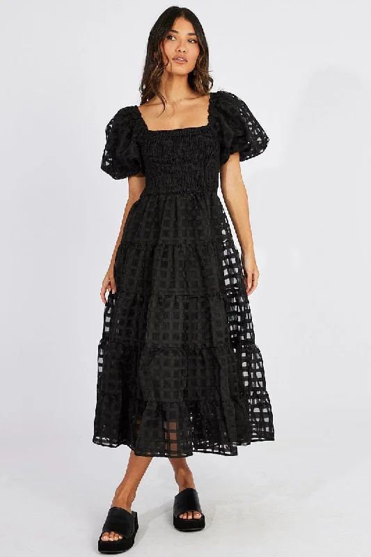 Exclusive Customization Black Midi Dress shirred Bust Puff Sleeve