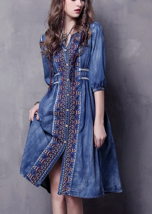 Elegant Comfort Beautiful Blue V Neck Embroidered Cotton Vacation Denim Dresses Half Sleeve