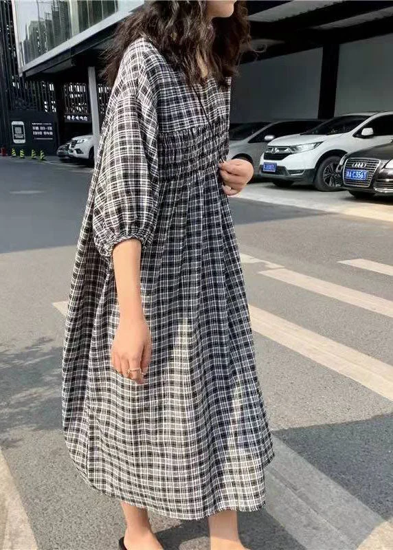 Lounge Wear Beautiful Black Cinched Plaid Cotton Maxi Dresses Half Sleeve