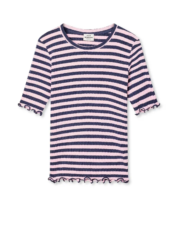 Street Personality Style 5x5 Classic Stripe Tuviana Tee, Parisian Night/Parfait Pink