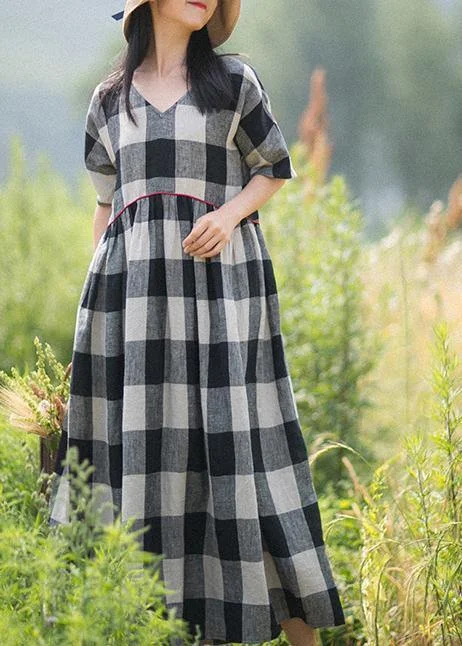 Luxury Fashion Beautiful V-Neck Patchwork Summer Women Black White Plaid Dresses
