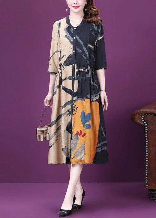 Fashionable Items Beautiful Colorblock Drawstring Side Open Print Silk Dresses Summer