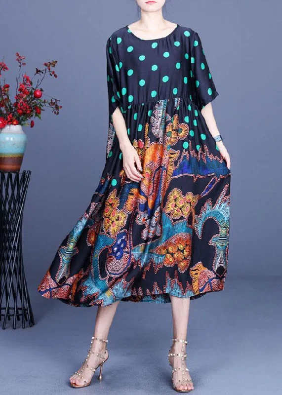 Noble Temperament Boho Black Print O-Neck Half Sleeve Silk Vacation Dresses Summer