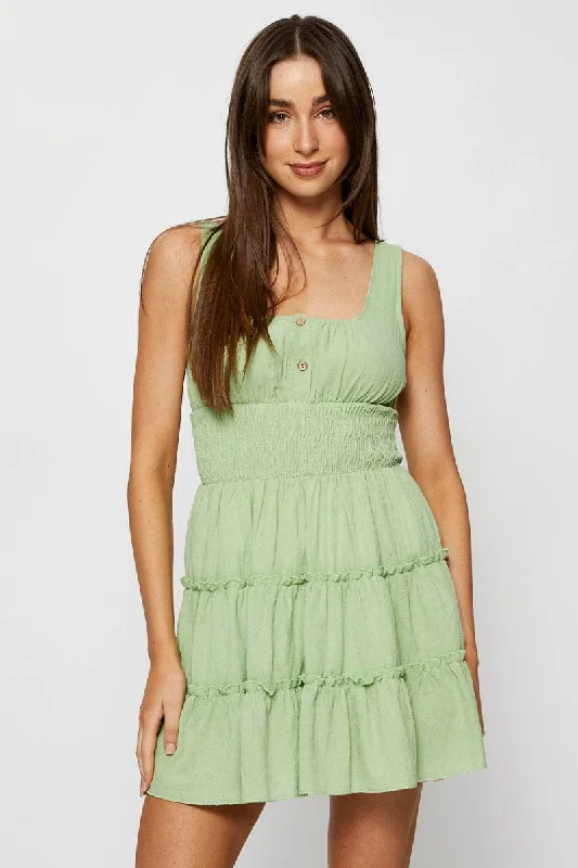 Casual And Versatile Green A Line Dress Sleeveless Mini