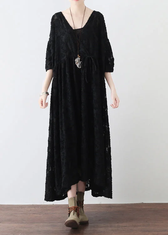 Versatile Items Black V Neck Tie Waist Chiffon Maxi Dresses Long Sleeve
