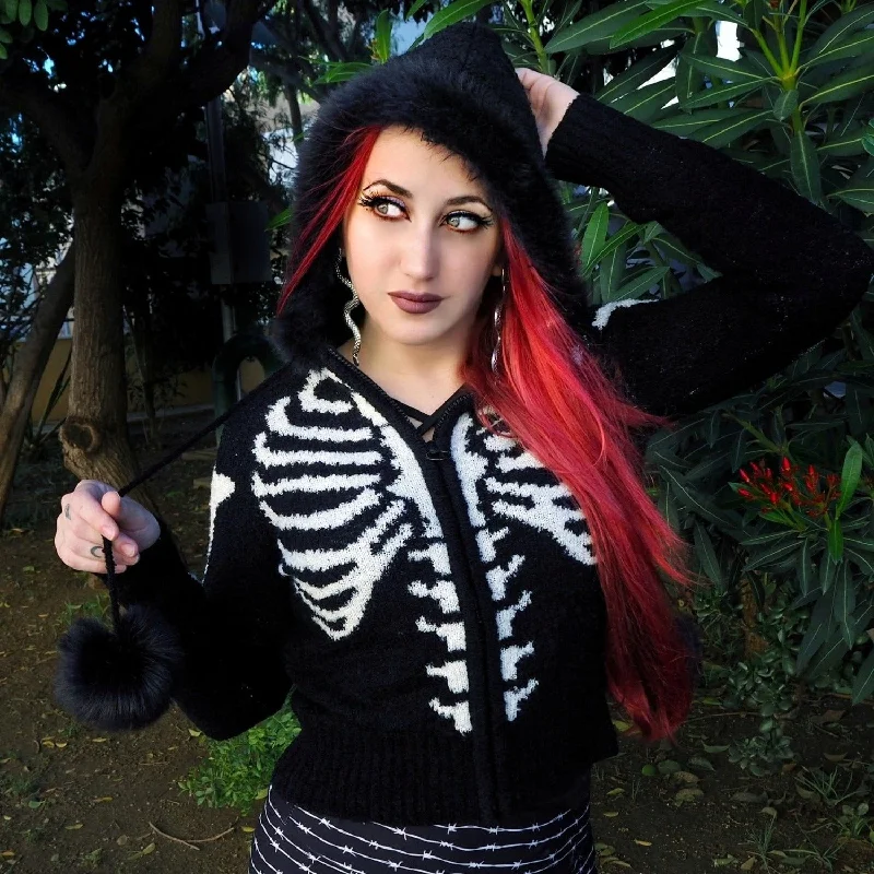 Celebrity Picks Bony Rib Cage Skeleton Fur Zip Cardigan