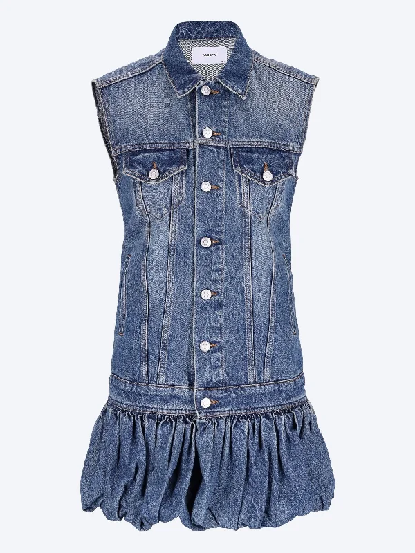 Classic Series Gathered hem sleeveless denim dress