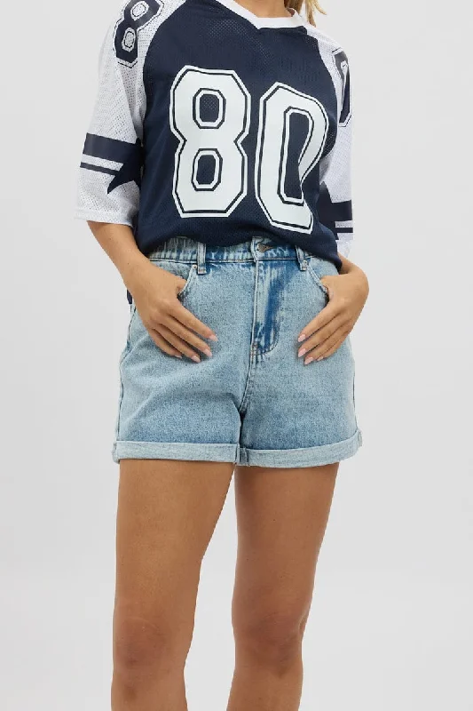 Sports Casual Style Denim Relaxed Shorts Elastic Waist