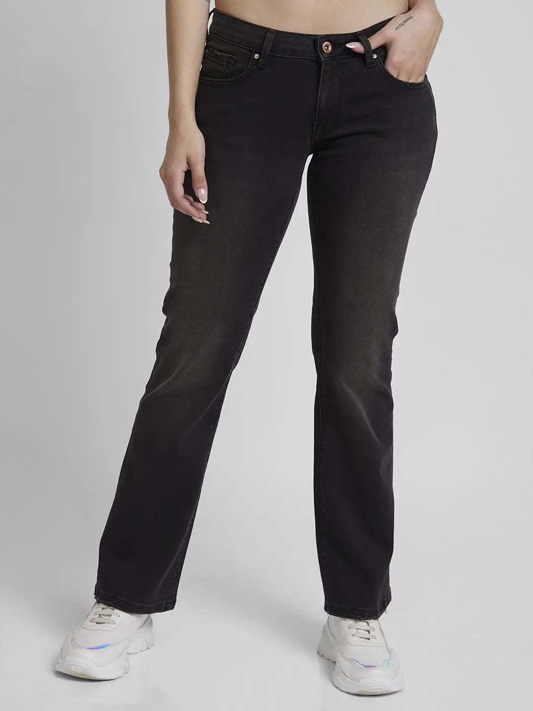 Fresh And Natural Spykar Women Black Lycra Bootcut Fit Ankle Length Low Distressed Jeans -(Elissa-Low)