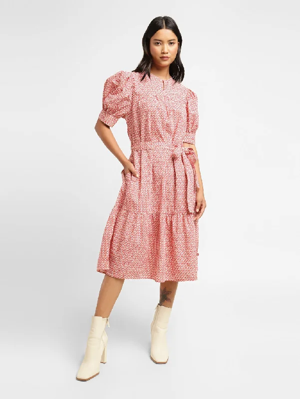 Girl Style Women's Printed Cream Round Neck Dress