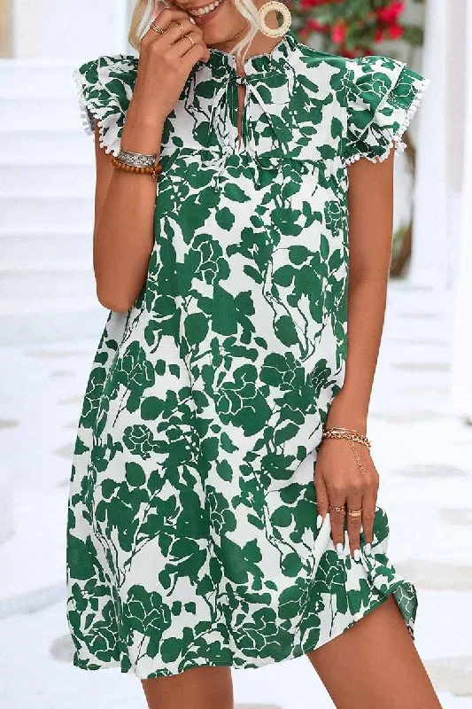 Relaxed Fashion NATURE PATTERN TIED NECK LEAF SLEEVE SHORT DRESS