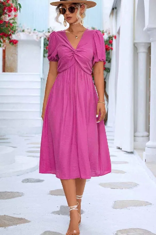 Retro Style KINK V NECK BALLOON SLEEVE RUFFLED MIDI DRESS