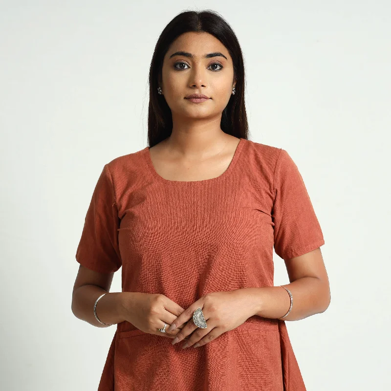 Retro Dress Burnt Orange - Plain Handloom Cotton Dress