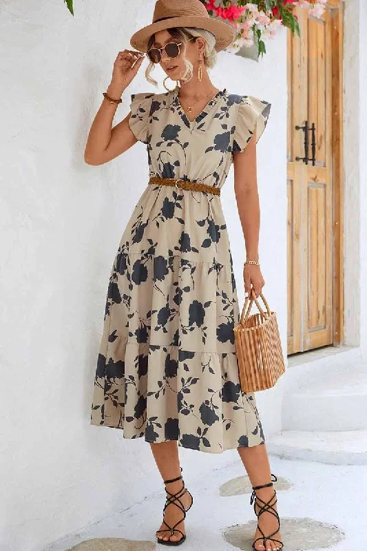 Street Letter Style FLORAL LACE ANGEL WING SLEEVE MIDI RUFFLE DRESS