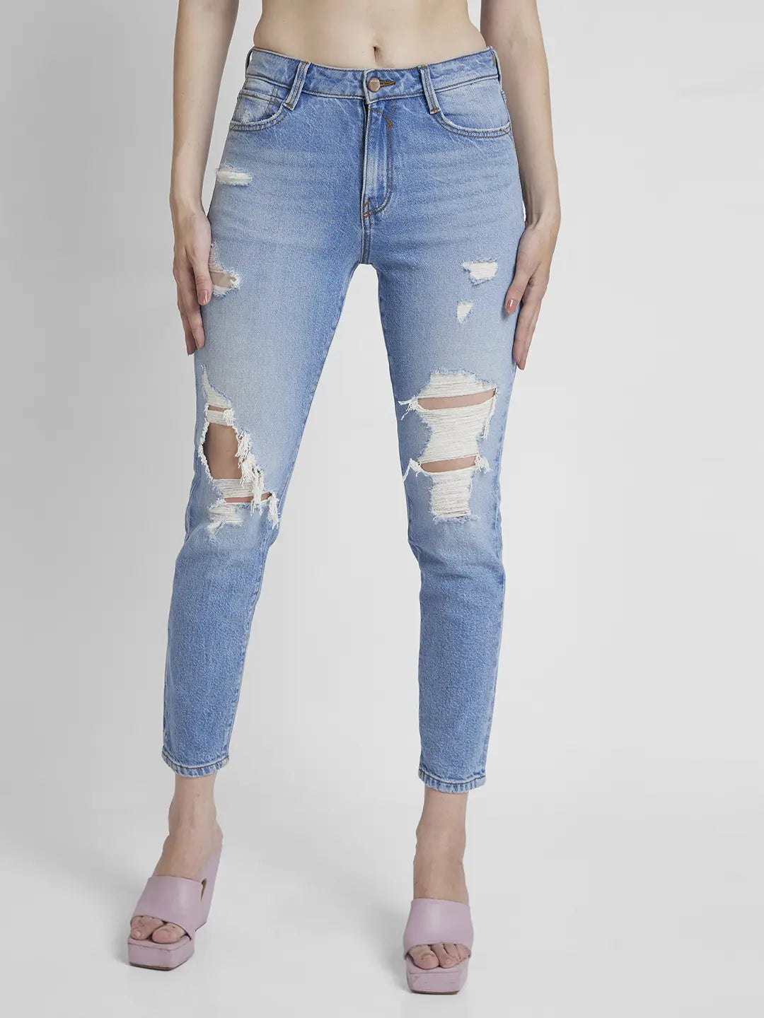 Unique Fashion Spykar Women Light Blue Cotton Mom Fit Ankle Length Mild Distressed Jeans -(Amora) Unique Fashion Spykar Women Light Blue Cotton Mom Fit Ankle Length Mild Distressed Jeans -(Amora)