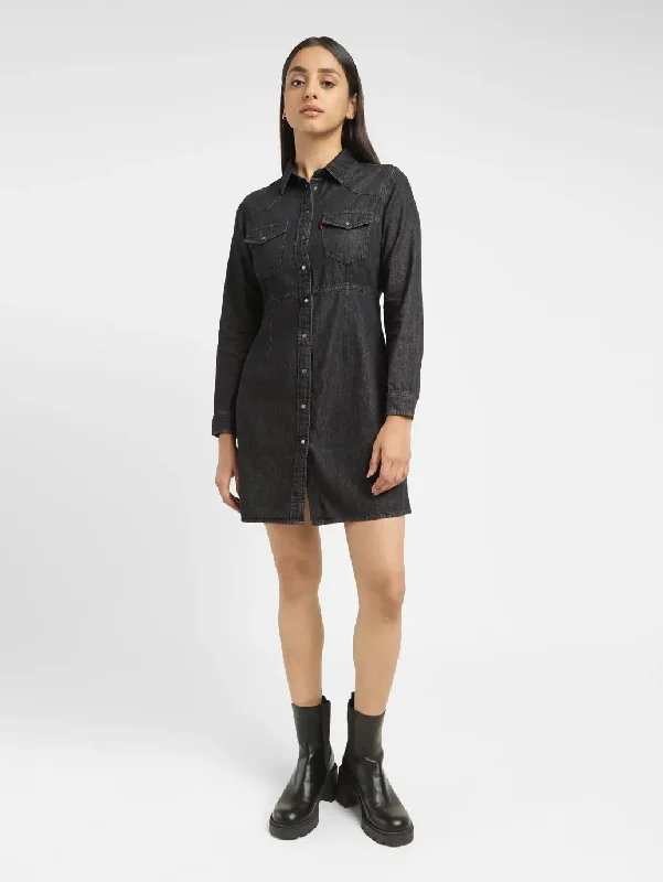 Easy Fashion Women's Solid Black Spread Collar Dress