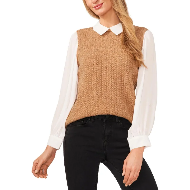 Retro Skirt Design Womens Cable Knit Sheer Sleeves Pullover Sweater