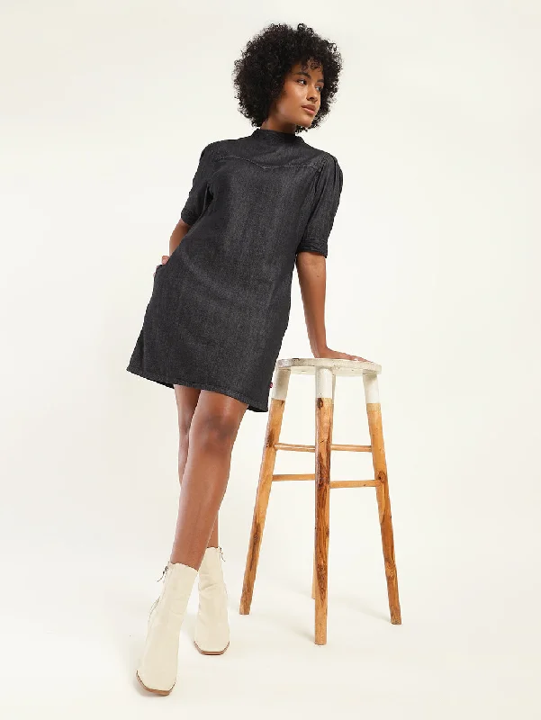 Elegant Outline Women's Solid Charcoal Grey High Neck Dress