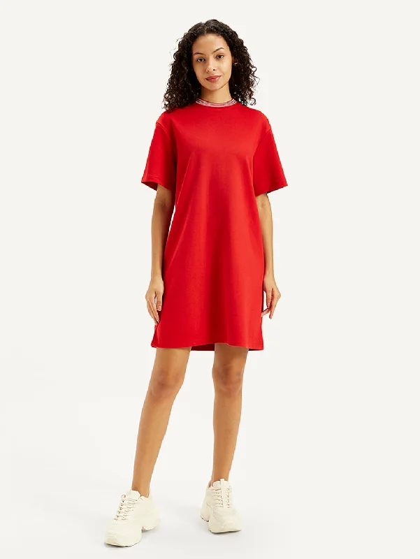 Luxury Fashion Women's Solid Red Crew Neck Dress