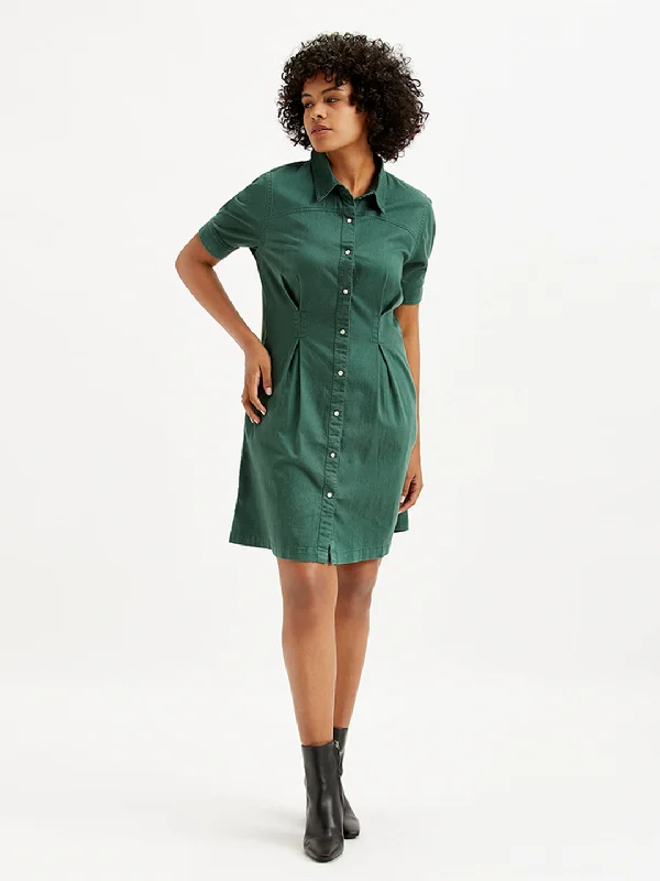 Retro Design Women's Solid Green Spread Collar Shirt Dress