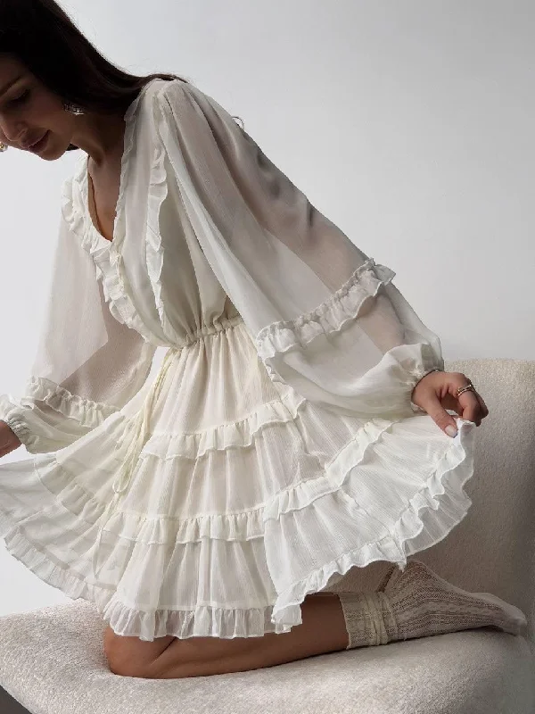 Street Fashion Style Elegant Ruffled White Mini Dress