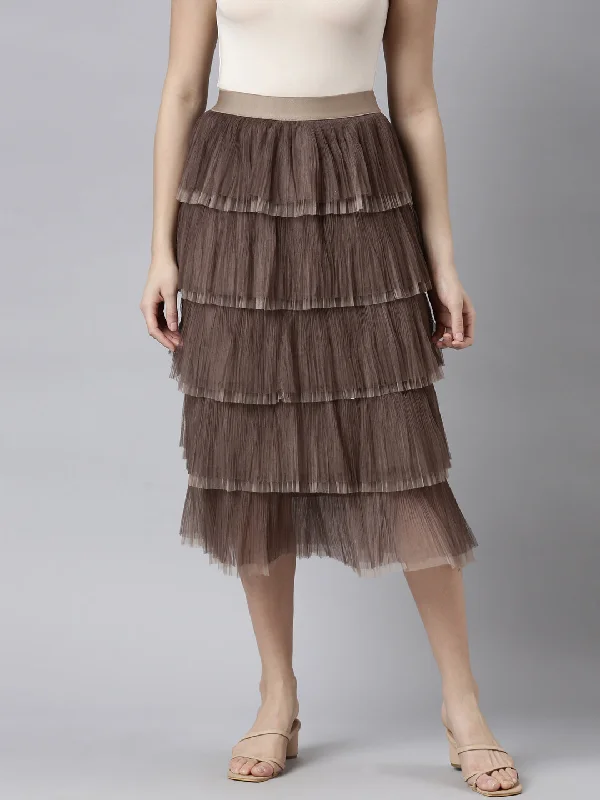 Fresh Comfort Women Solid Brown Tiered Midi Skirt