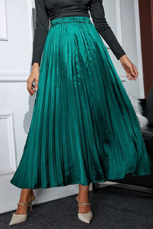Casual Comfort Blackish Green Satin Elastic Waist Pleated Maxi Skirt