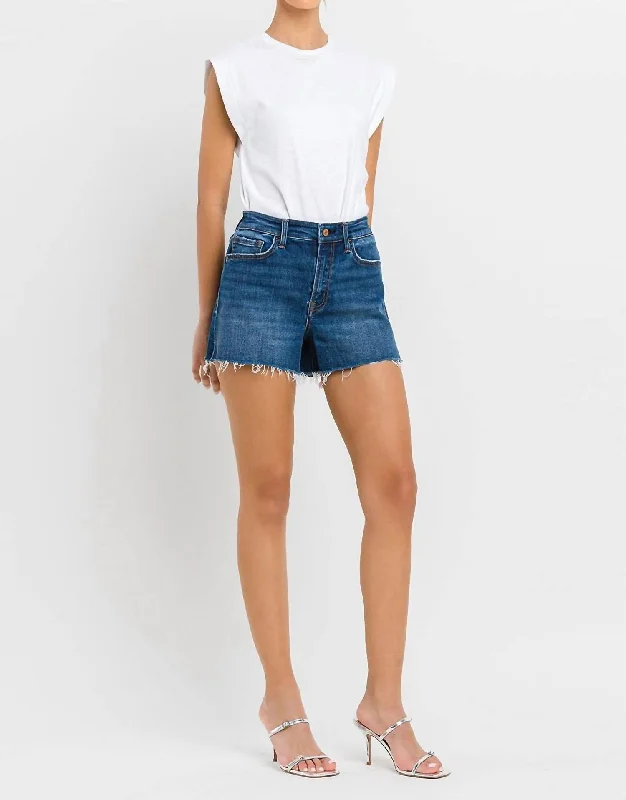 Elegant Series Kayla High Rise Side Slit Raw Hem Short In Denim