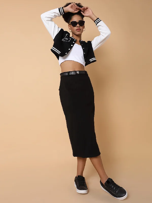 All-Day Wear Women Solid Black Midi Skirt with Belt