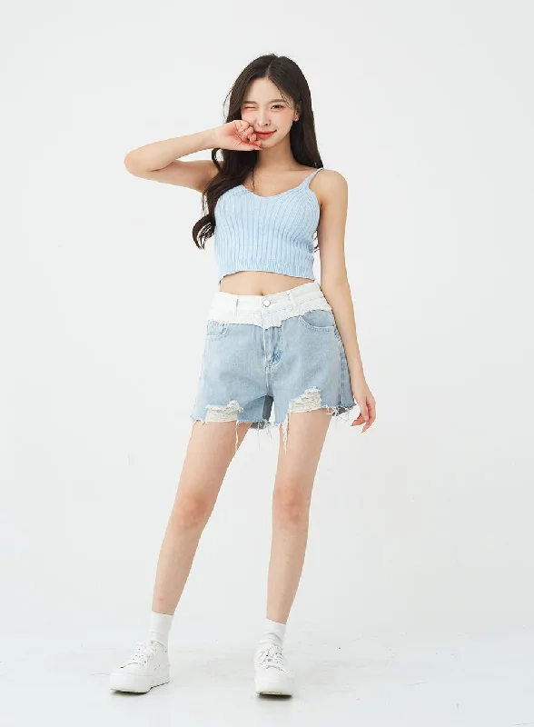 Comfortable down Two-Tone Distressed Denim Shorts BG12