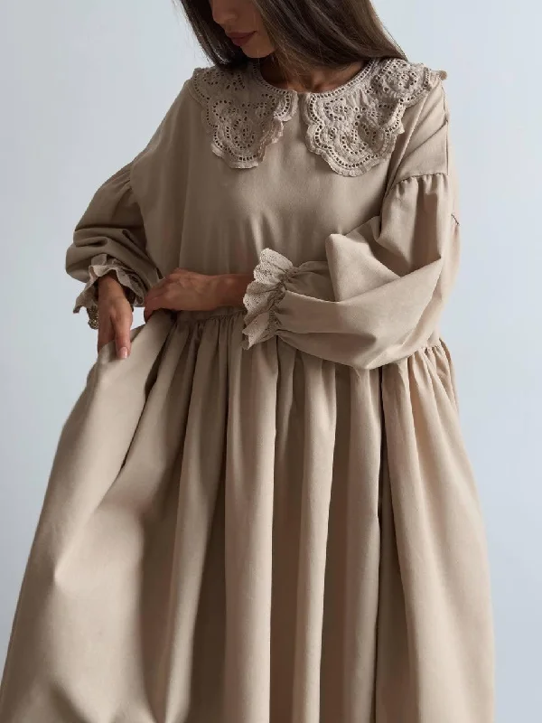 Boutique display Beige Midi Dress with Lace Collar