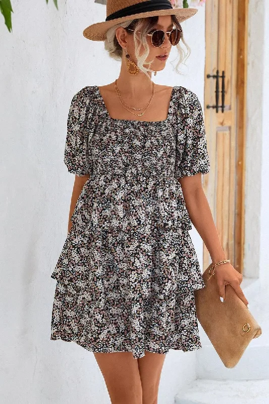 Casual And Versatile OFF SHOULDER SQUARE NECK FLORAL TIERED DRESS