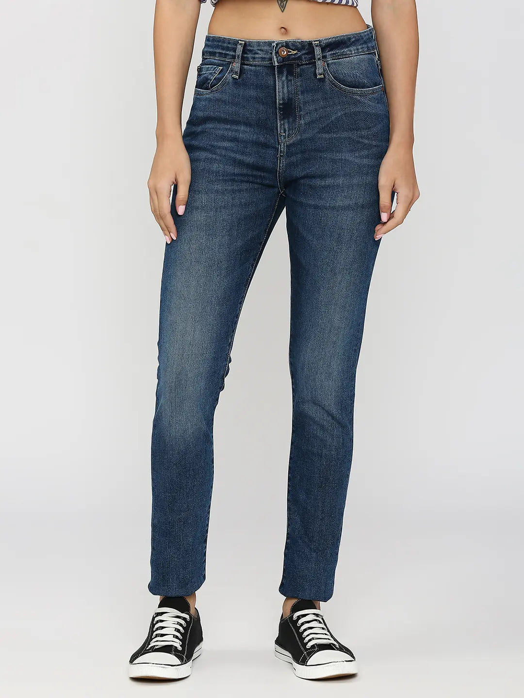 Noble Temperament Spykar Women Mid Blue Cotton Skinny Fit Ankle Length Clean Look Mid Rise Jeans (Adora)