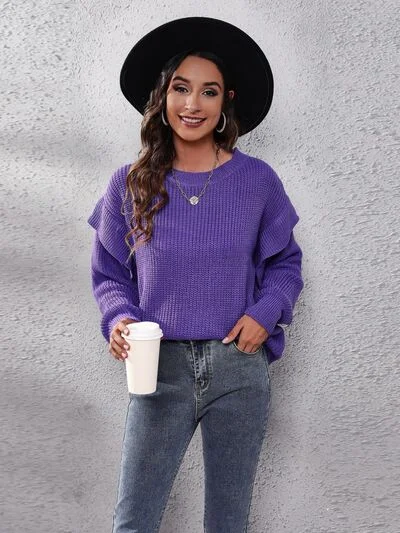Street Fashion Style Ruffled Round Neck Dropped Shoulder Sweater