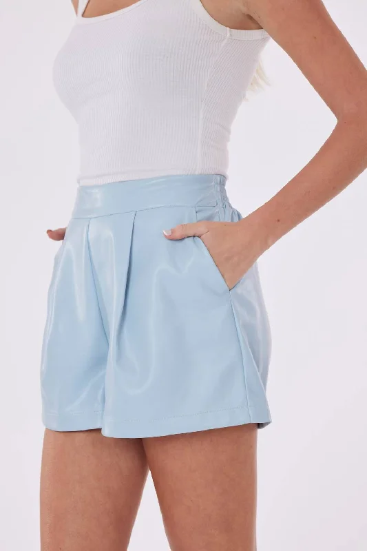 Eye-catching Personality Vegan Leather Pleated Short In Light Blue