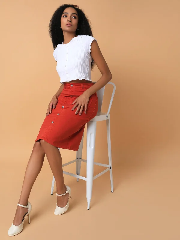 Fashionable And Versatile Women Solid Rust Pencil Skirt