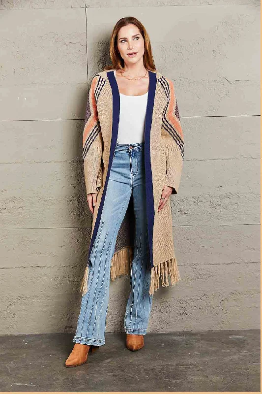 Short skirt design Double Take Geometric Fringe Hem Open Front Duster Cardigan