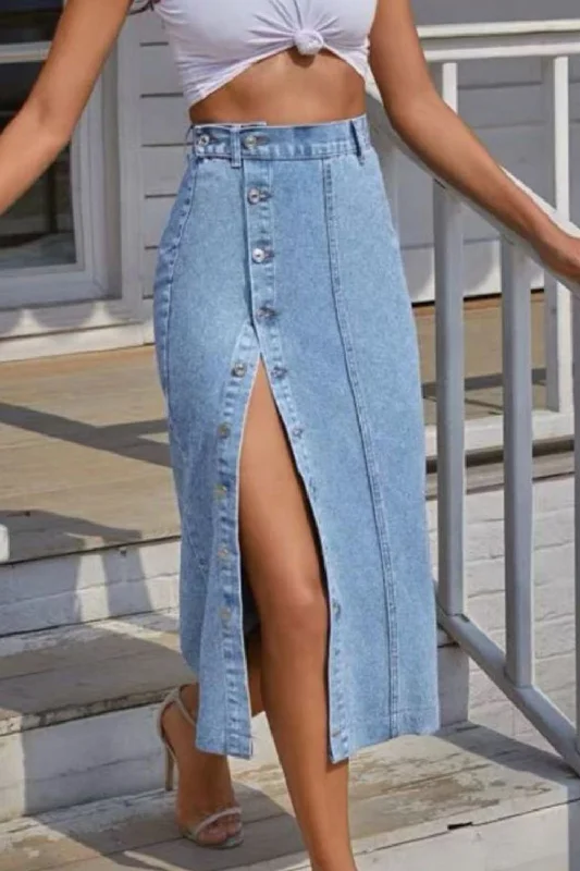 Fashionable and casual Buttoned Split Denim Skirt