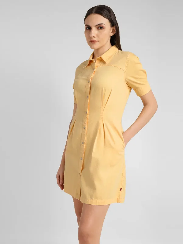 Casual Chic Wear Women's Solid Yellow Spread Collar Dress