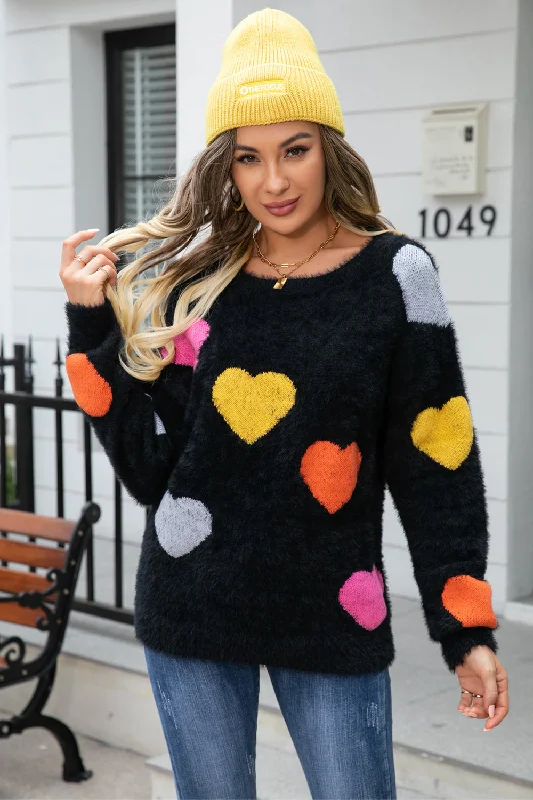 Exquisite workmanship Heart Pattern Round Neck Long Sleeve Sweater
