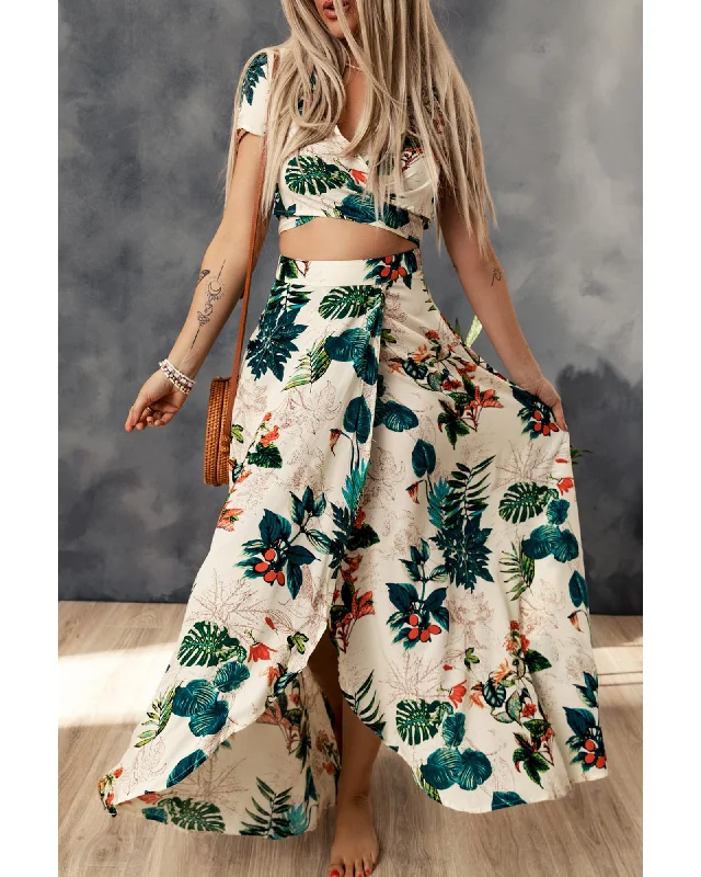 Fashionable Ease Azura Exchange Tropical Print Crop Top and Maxi Skirt Set - XL