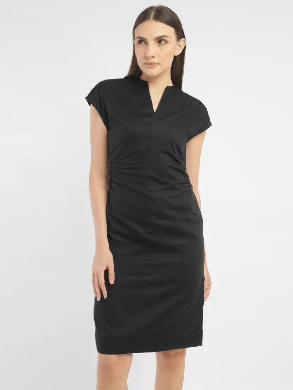 French Style Women's Solid Black V Neck Dress