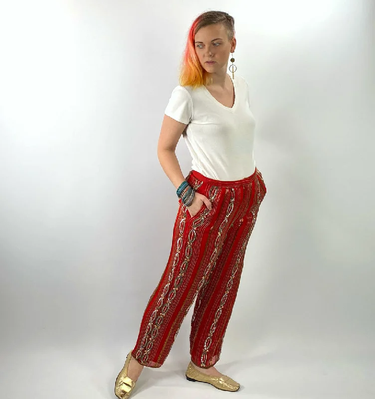 Comfort Fit 70s Red Chiffon Evening Pants Beads & Sequins Women's Vintage Medium VFG