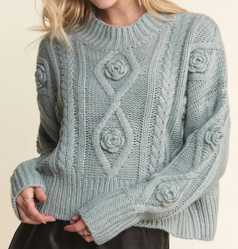 Printed pattern Long Sleeve Rosette Sweater In Blue