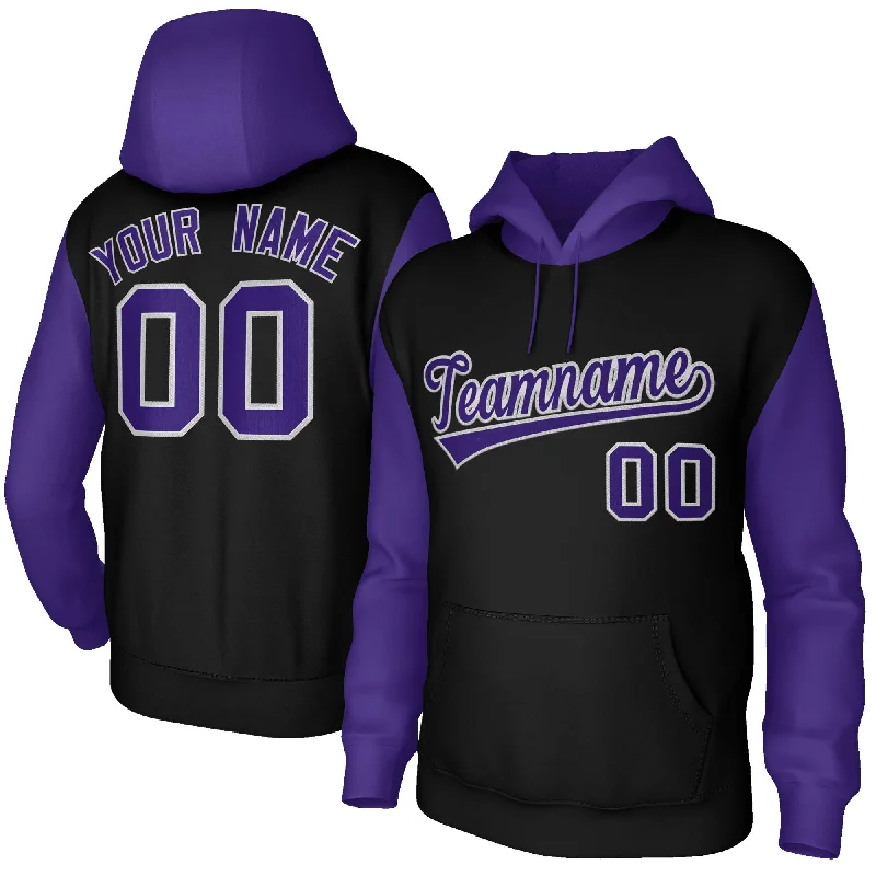 Fashionable and casual Custom Black Purple-Gray Raglan Sleeves Stitched Sportwear Pullover Hoodie Fashionable and casual Custom Black Purple-Gray Raglan Sleeves Stitched Sportwear Pullover Hoodie