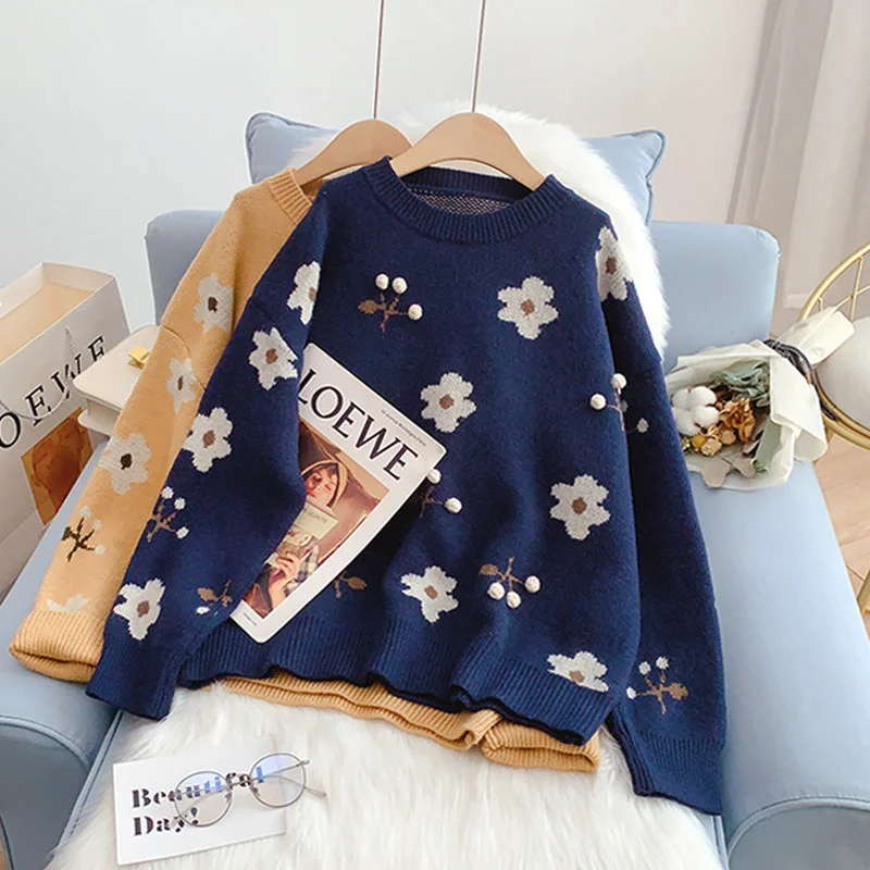 Designer Style Vintage flower sweater round neck jacquard sweater 5207